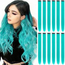 12 PCS Teal Blue Hair Extensions Clip in, Colored Party Highlights Synthetic