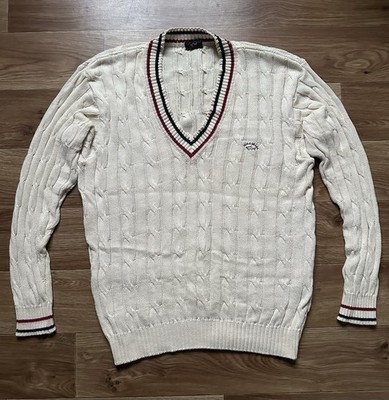 Vintage Paul & Shark Cable Knit V-Neck Cricket Sweater Off White Cotton Italy L