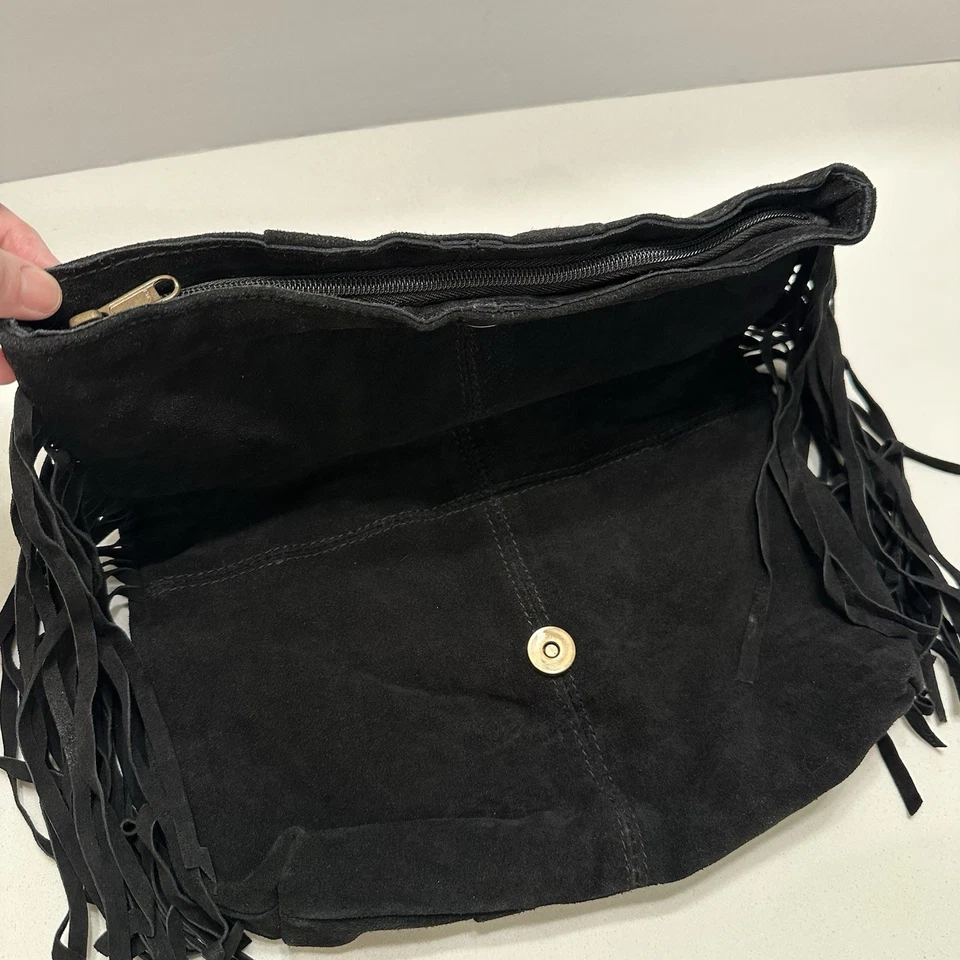 Bolso sin asas plegable con flecos de cuero gamuza negro cartera boho-chic vaquera occidental Foto 3 de 4