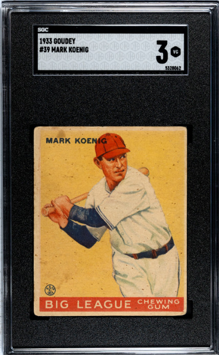 1933 GOUDEY MARK KOENIG 39 VG RC R319 SGC 3 BASEBALL CHICAGO CUBS