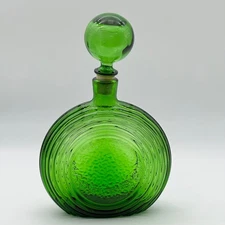 Vintage Rossini Empoli Glass Italy Embossed Green Decanter with Stopper