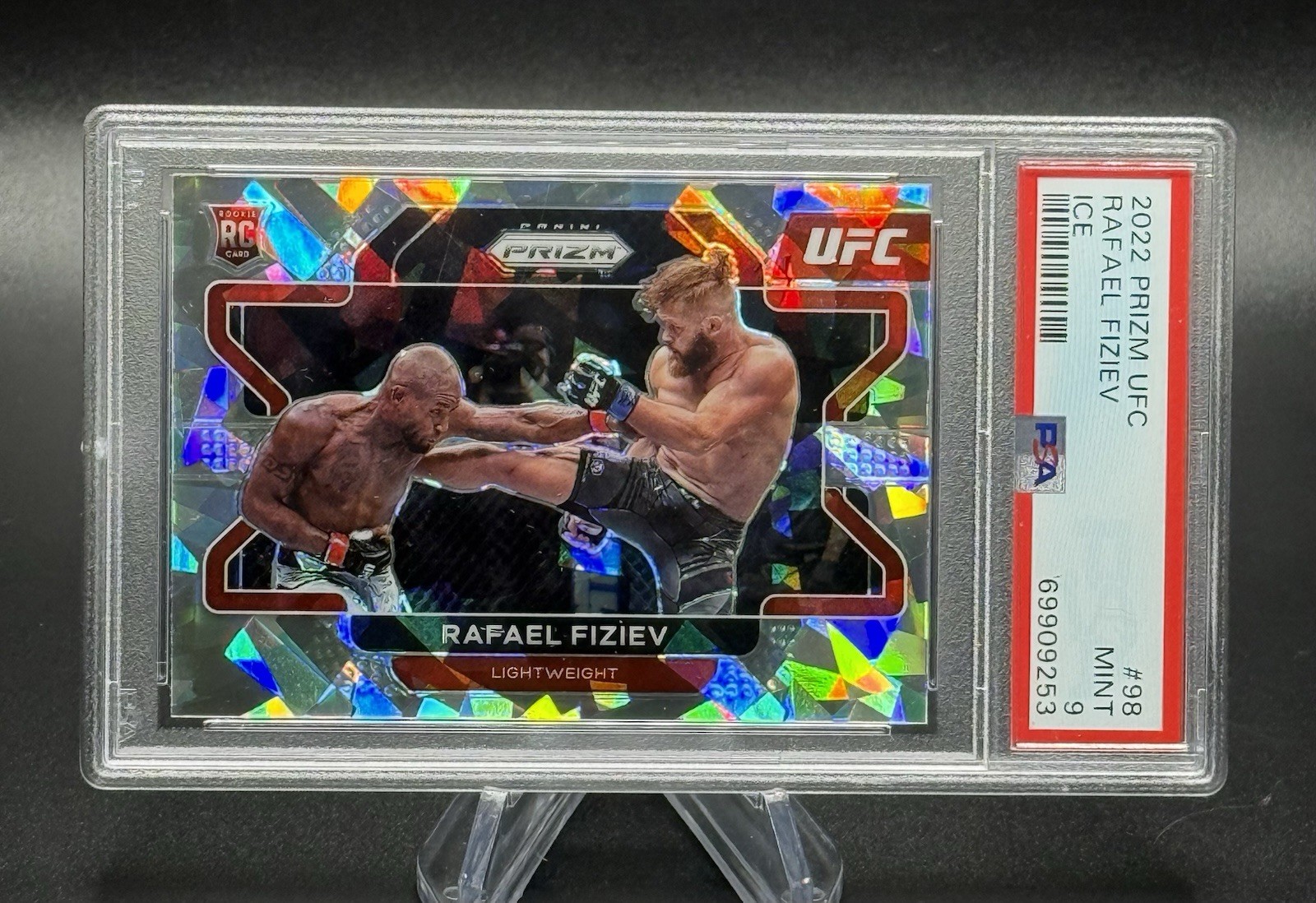 2022 Panini Prizm UFC Rafael Fiziev #98 Rookie RC PSA 9 Cracked Ice Prizm view 2