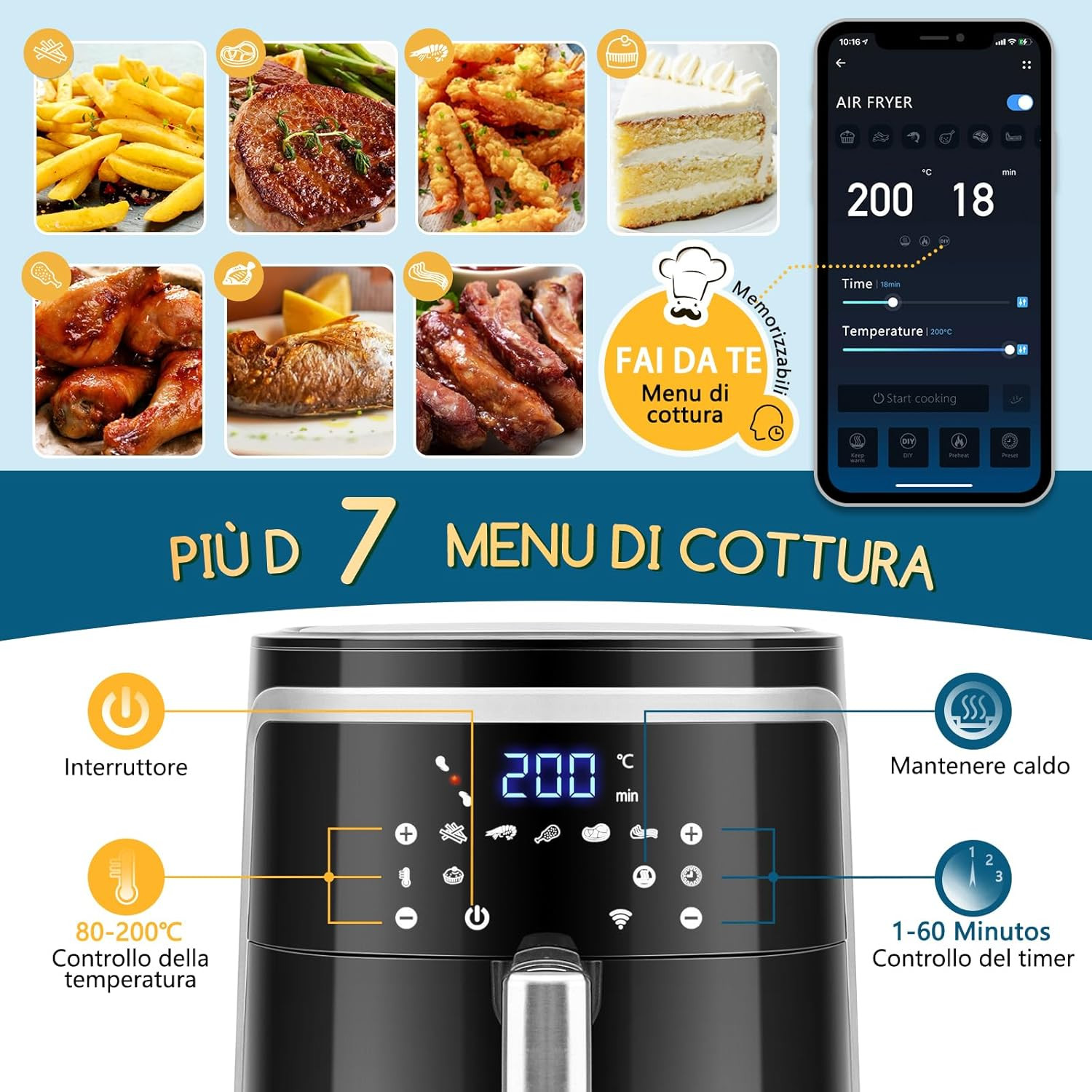 Smart Cube - Friggitrice Ad Aria Intelligente, 1900W, 7L. Modalità Manuale, Sche foto 2