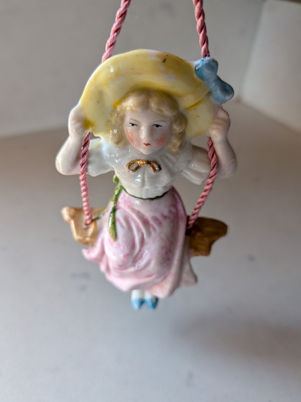 Antique Germany Porcelain Bisque Swinger Girl On Swing Pink Hat gold bow German