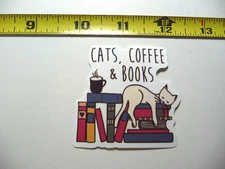 CATS COFFEE & BOOKS SMALL STICKER DECAL READING NOVEL LIBRARY STORY