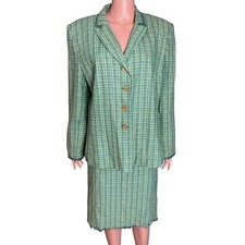 Le Suit Linen Blend Skirt Suit 18 Green Plaid Fringed Hem Preppy Career Wear