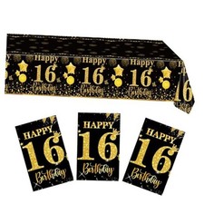 3 PCS Birthday Tablecloth Black and Gold Happy Birthday Decorations 16 16th