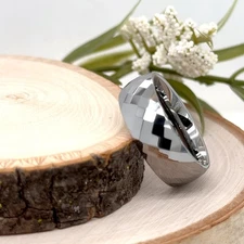 8mm Silver Tungsten Carbide Engraved Ring Faceted Design Unisex Anniversary Band