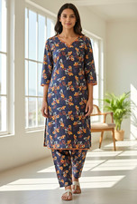 Women?s Traditional Khader Space Blue Floral Print Salwar Kameez Set L