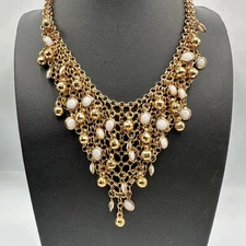 Gold Tone Bib Necklace White Beads Faceted Dangles Multi Chain Statement 20"