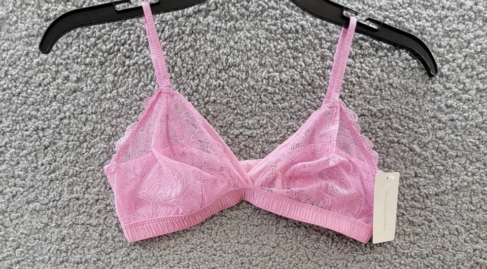 Bralette de encaje On Gossamer Luxe para mujer S rosa malla alas traseras gancho y cierre de ojos Foto 2 de 4