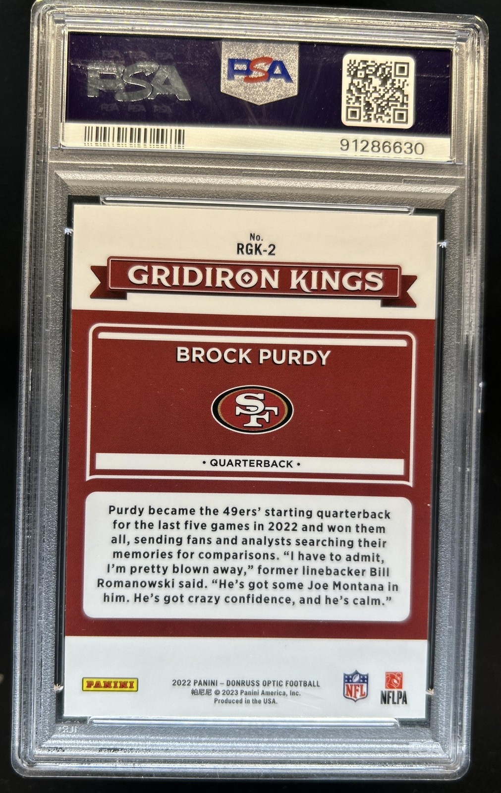2022 Panini Donruss Optic Brock Purdy Rookie Gridiron Kings RC #RGK-2 PSA 10 view 2