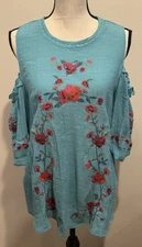 Umgee Blouse Women's Size L Floral Embroidered Cold Shoulder Short Sleeve Boho