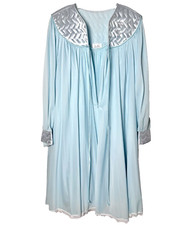 Vintage Lucie Ann Nightgown Peignoir Robe Set Blue Tulip Lace 60s Silky Nylon L