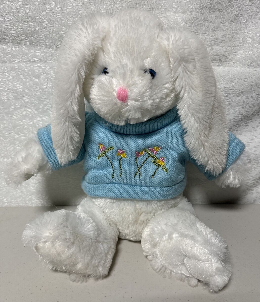 Dan Dee イースター刺繍 うさぎ ぬいぐるみ Dan Dee Plush White Bunny Rabbit 12” Blue Flower Sweater
