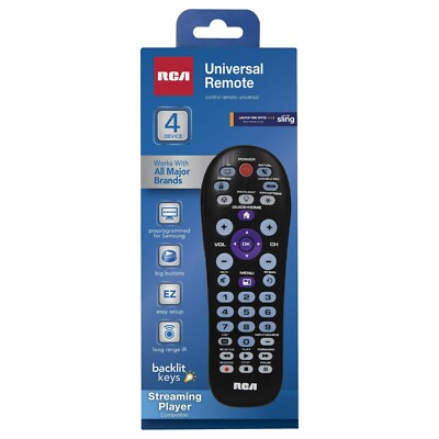 RCA 4-Device Universal Remote RCR414BH Streaming Player Compatible Backlit Keys.
