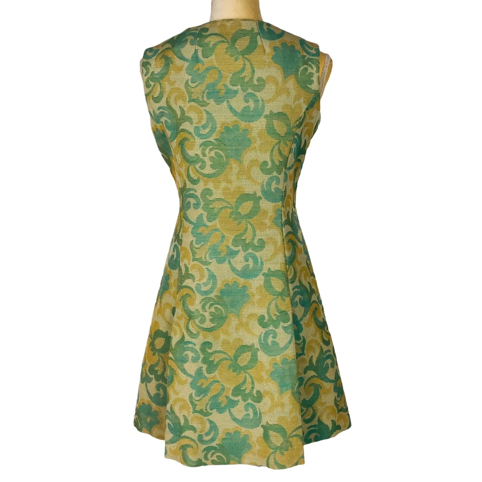 Vintage 1960s Dress Dress Size XS Green Yellow Floral Sleeveless Fabric Buttons - Image 3 of 4