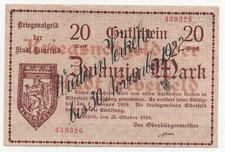 GERMANY ELBERFELD 20 MARK 1918 OVPT WAR NOTGELD EMERGENCY MONEY LOOK SCANS