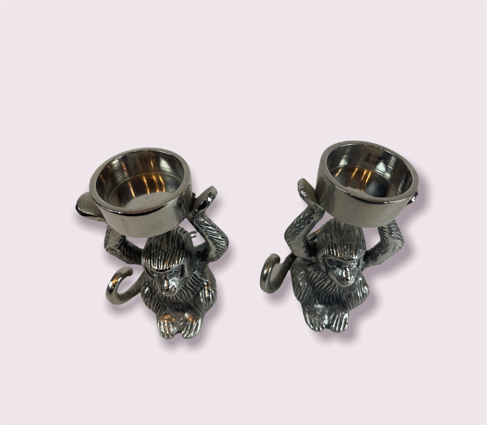 Z Gallerie Monkey Holding Bowl Silver Metal Tea Light Candle Holders Pair