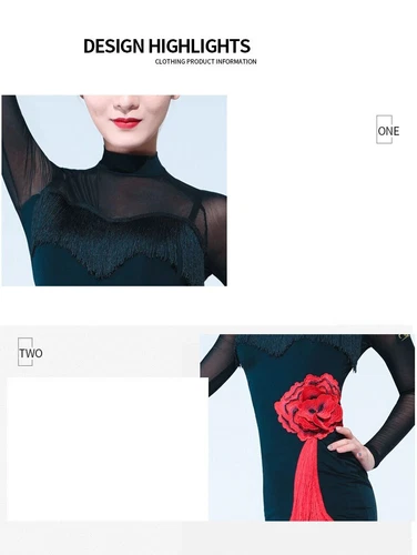 Women Latin Dance Dress Sleeves Tango Ballroom Rumba Flamenco Dress Black Dress - Bild 7 von 22