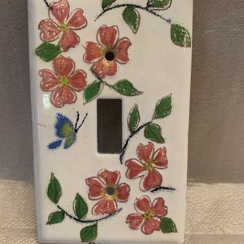 Enamelware Over Metal Flower Floral Switch Plate Pink White Signed Hand Painted