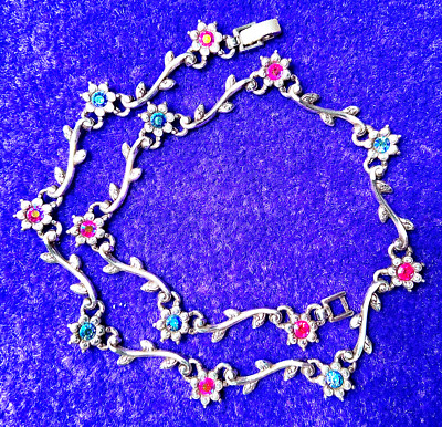 BRIGHTON VIENNESE FLOWER AB RED+BLUE SWAROVSKI CRYST SLVR COLLAR NECKLACE LN VTG
