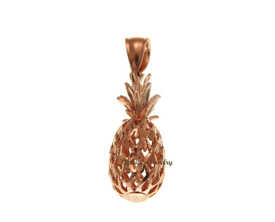 SOLID 14K ROSE GOLD 3D HAWAIIAN DIAMOND CUT PINEAPPLE CHARM PENDANT 9.2MM