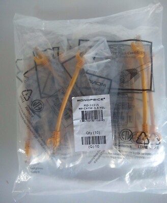 Patch Cord Cat5e .5ft/ 1/2ft /6in Yellow Lot Of 10 Monoprice 11215 Gold Plating