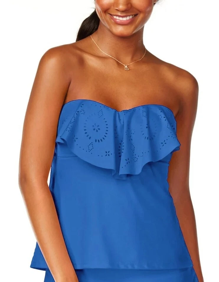 Camiseta Tankini Hula Honey Corte Láser Volantes Popover Bandeau Azul Medio Foto 2 de 4