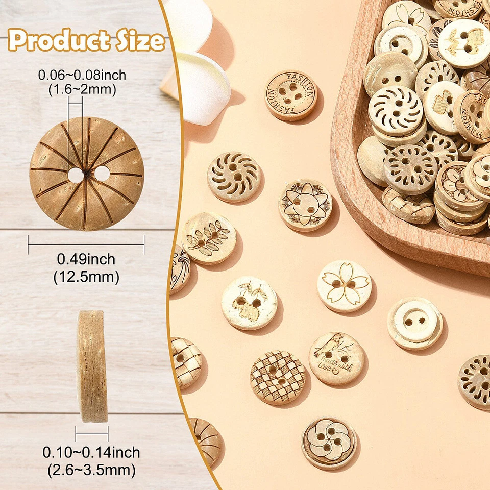 160x Coconut Shell Buttons 2-Hole Flat Button Round Brown for Cloth Dress Decor - Image 2 of 4