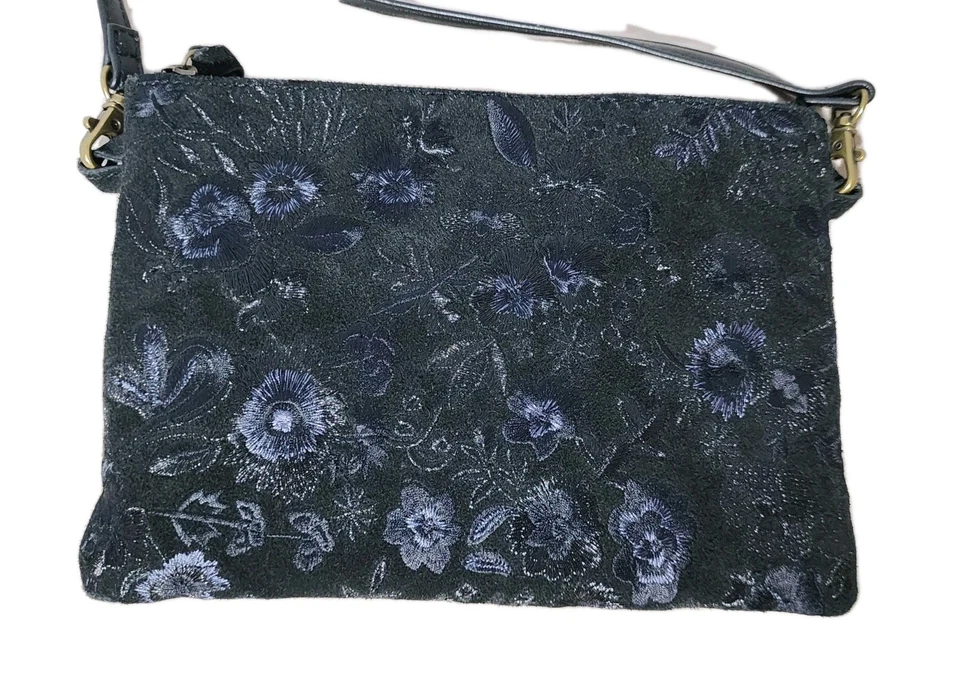 Cartera/cartera bandolera de cuero bordada floral negra Lucky Brand 9" x 6-1/2" Foto 4 de 4