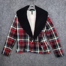 LRL Ralph Lauren Blazer Womens S Small Red Plaid Toggle Sherpa Collar Jacket