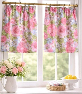 Vtg JCPenney Floral Rose Cafe Curtains Pinch Pleated Cottage Manor 36  Pair New