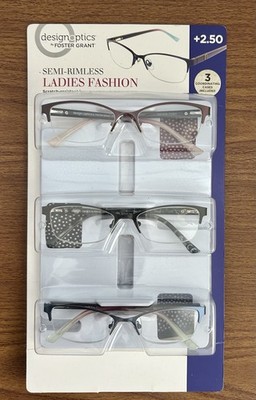 Design Optics by Foster Grant Women s Fashion Semi-Rimless Glasses 3pk +2.50