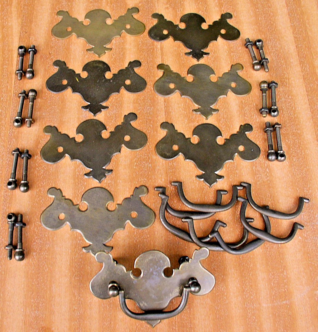 NOS (8) Chippendale Batswing Drawer Pulls w/ Posts and Bails Med. Antq. Finish