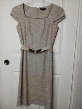 Tahari Women’s Size 4 Black Gray White Penci Cap Sleeve Sheath Dress Square Neck