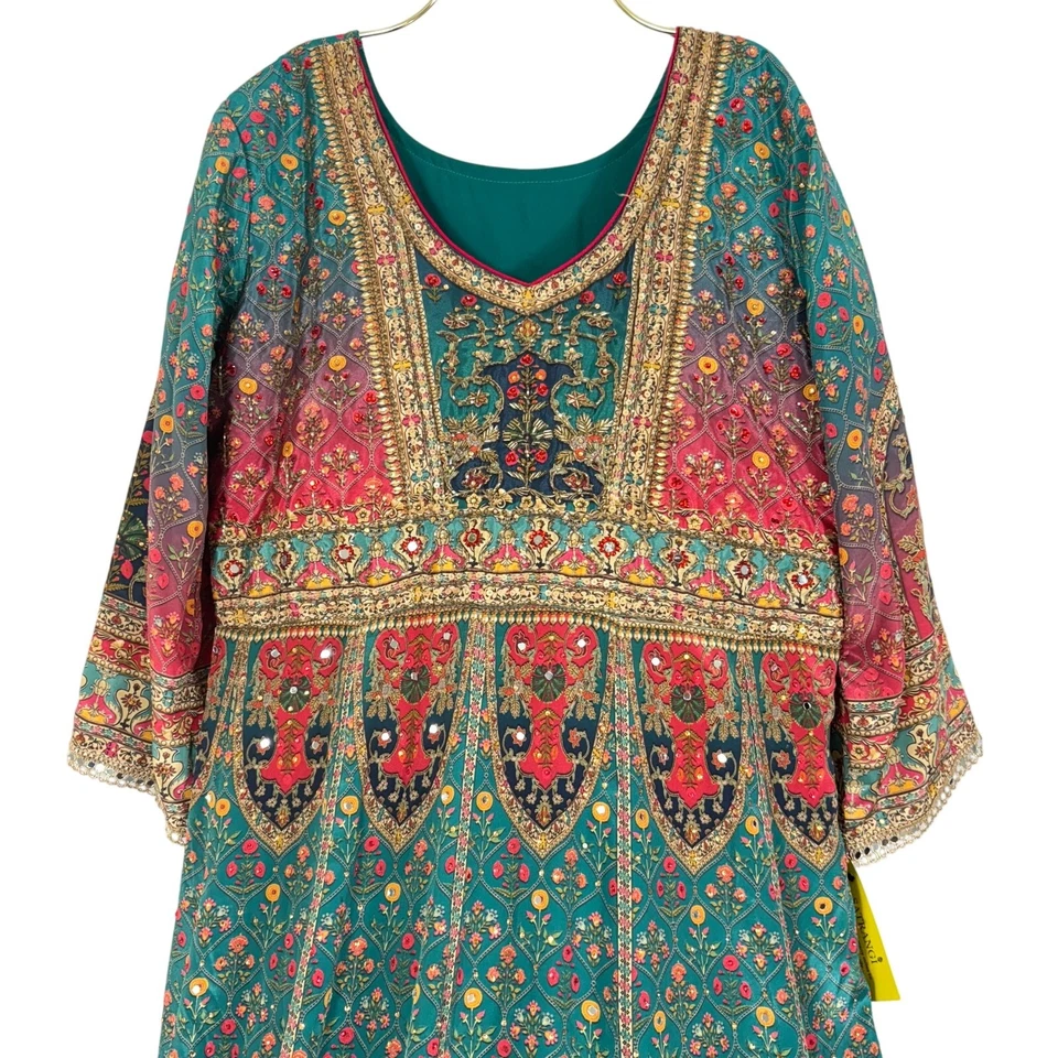 Vestido SATRANGI indiano Anarkali multicolorido brocado espelho trabalho e miçangas GG - Imagem 2 de 4