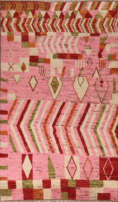Pink Moroccan Abstract Area Rug 6x10 ft Hand-knotted Wool Living Room Carpet