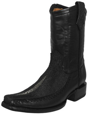 Mens Black Cowboy Boots Western Stingray Single Stone Pattern Leather Overlay