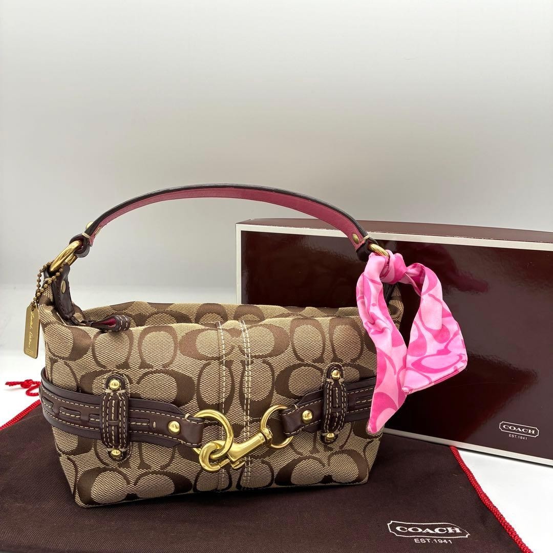 COACH Signature Jacquard Clip Hobo Shoulder Bag Brown Pink Leather Trim Used