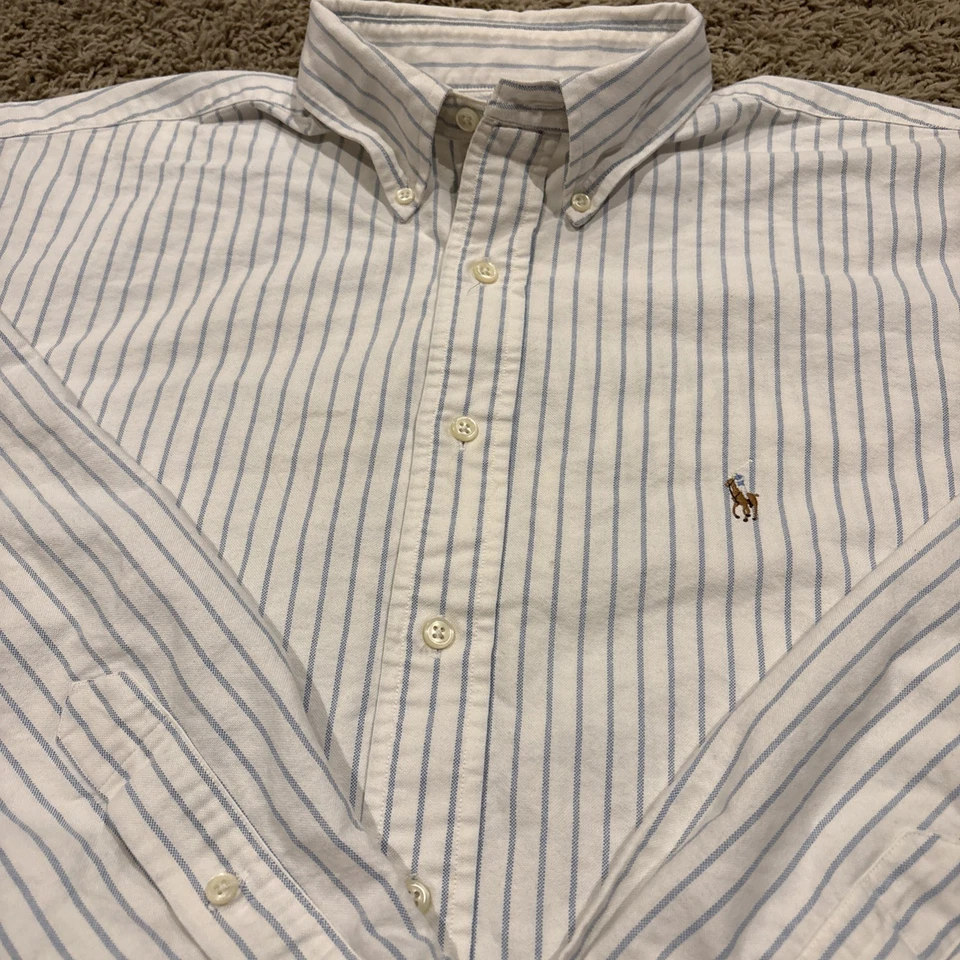Camisa Oxford Ralph Lauren Yarmouth 17-35 Azul Blanco Rayas Con Botones Logo de Poni Foto 2 de 4