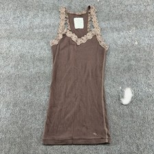 VINTAGE Abercrombie Fitch Top Womens M Brown Lace Trim Coquette Ribbed Cami Y2K