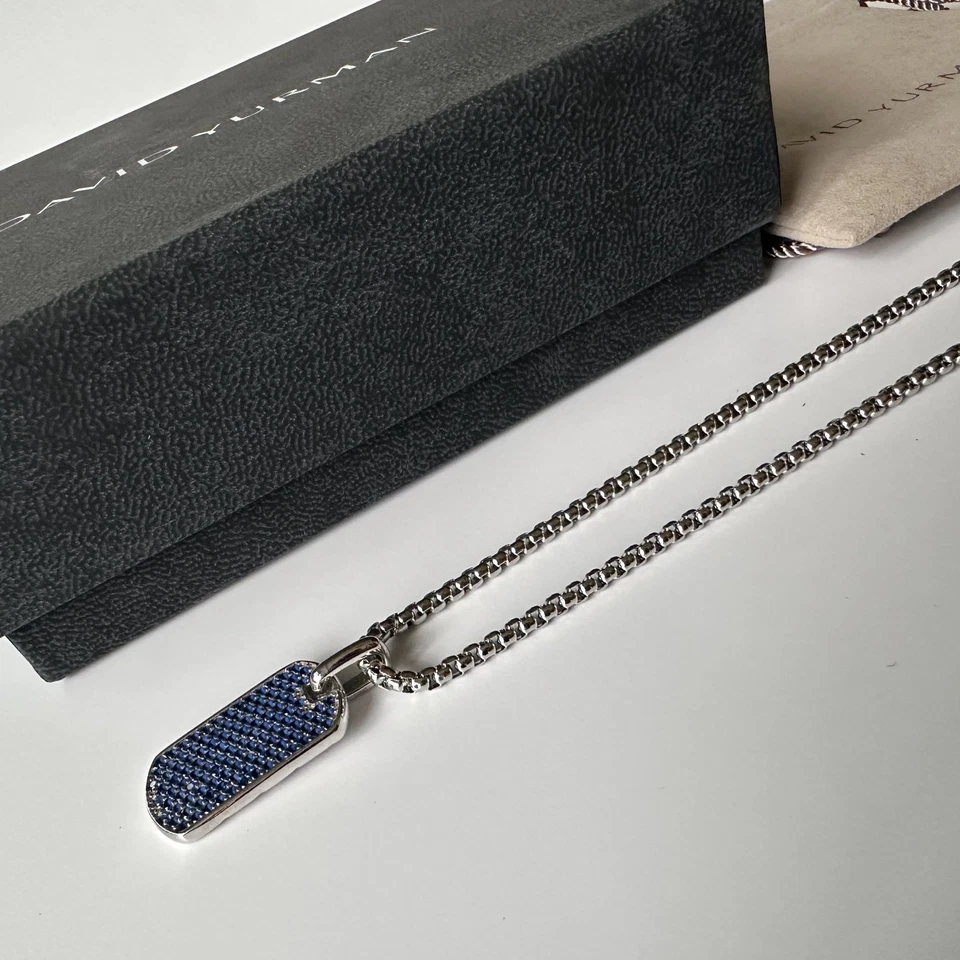 David Yurman Chevron Tag Necklace 925 Sterling Silver with Sapphires 3mm 22in - Image 3 of 4