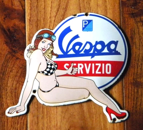 VINTAGE VESPA SERVIZIO PIN UP GIRL PORCELAIN METAL SIGN 6-1/8" x 5-5/8" PIAGGIO