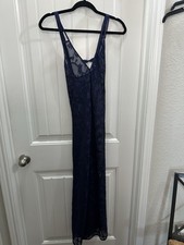 Halston blue sheer flocked floral dress spaghetti straps women's M Evening