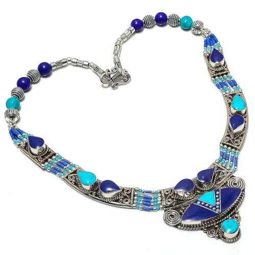 Turquoise Lapis Lazuli Gemstone Necklace Amazing Tibetan Nepali Jewelry 18" N172