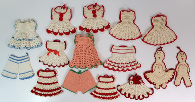 15 Vintage Crochet Potholders Mostly Red/White Dresses Also Potholder Boy & Girl