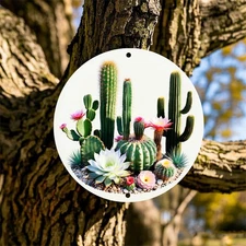 1pc 2D Flat Round Aluminum Wall Art - Colorful Pink,White & Green Succulent Plan