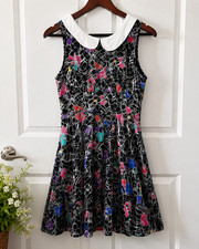 Nasty Gal Peter Pan Collar Skater Dress Medium Black Floral Indie Sleaze Goth