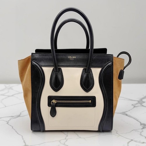 Celine Luggage Micro Shopper Tote Beige Leather Tricolor Gold Auth